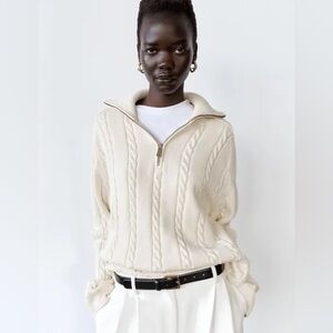 ZARA Women’s Cream Cotton Cable-knit Polo Dad Sweater with Zip Collar | XL NWT